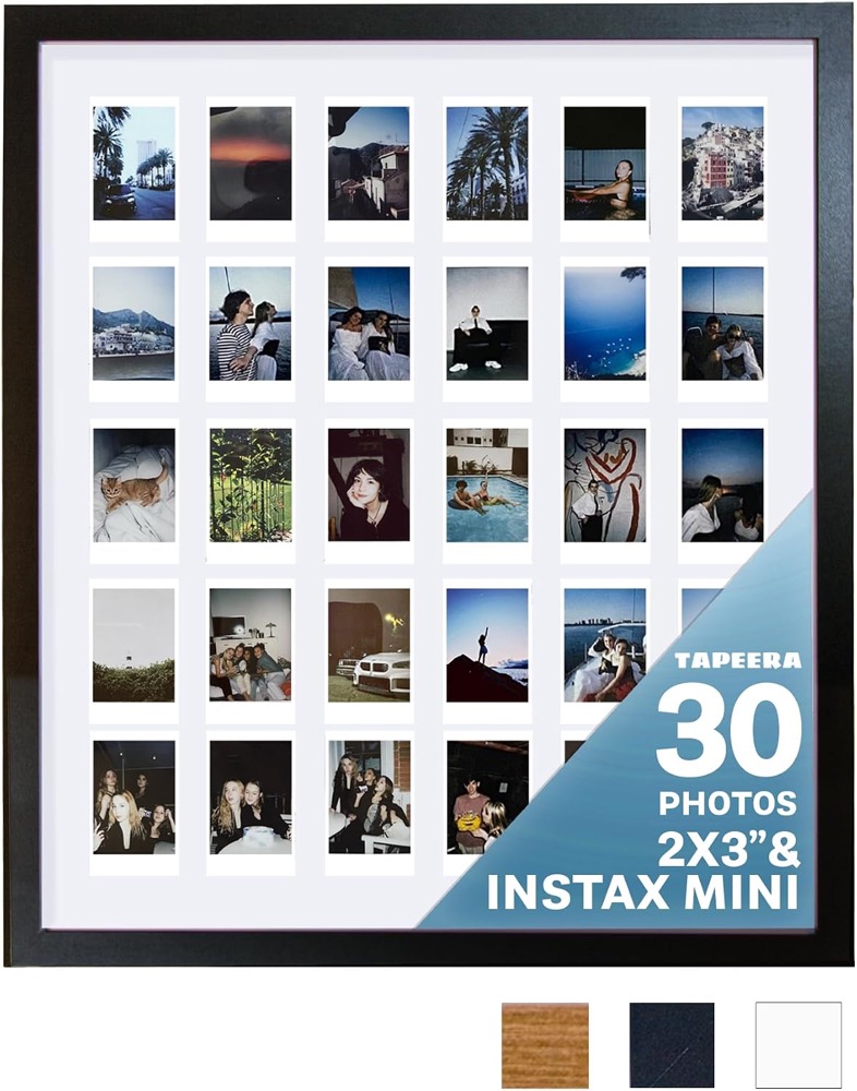 Black collage picture frame holding 30 Instax Mini or Polaroid Hi-Print photos on a white mat
