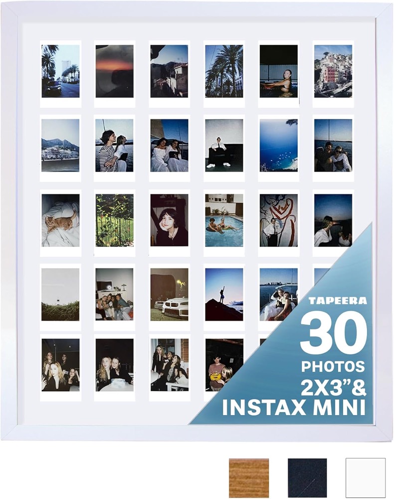 White 30-photo collage picture frame holding Instax Mini photos in a six by five grid on a white mat