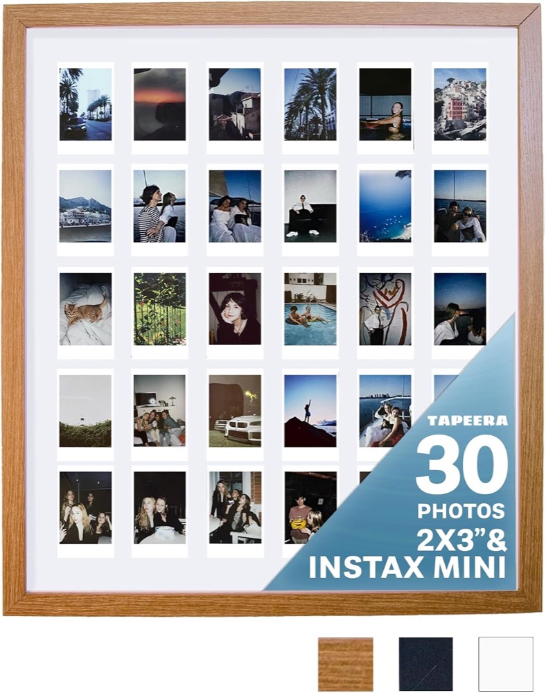Natural wood 30-photo collage picture frame holding Instax Mini photos in a six by five grid on a white mat
