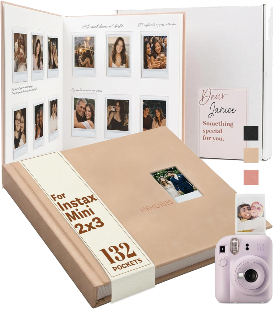 Beige 132-pocket instant photo album for Instax Mini and 2x3 photos, shown closed and open with handwritten notes