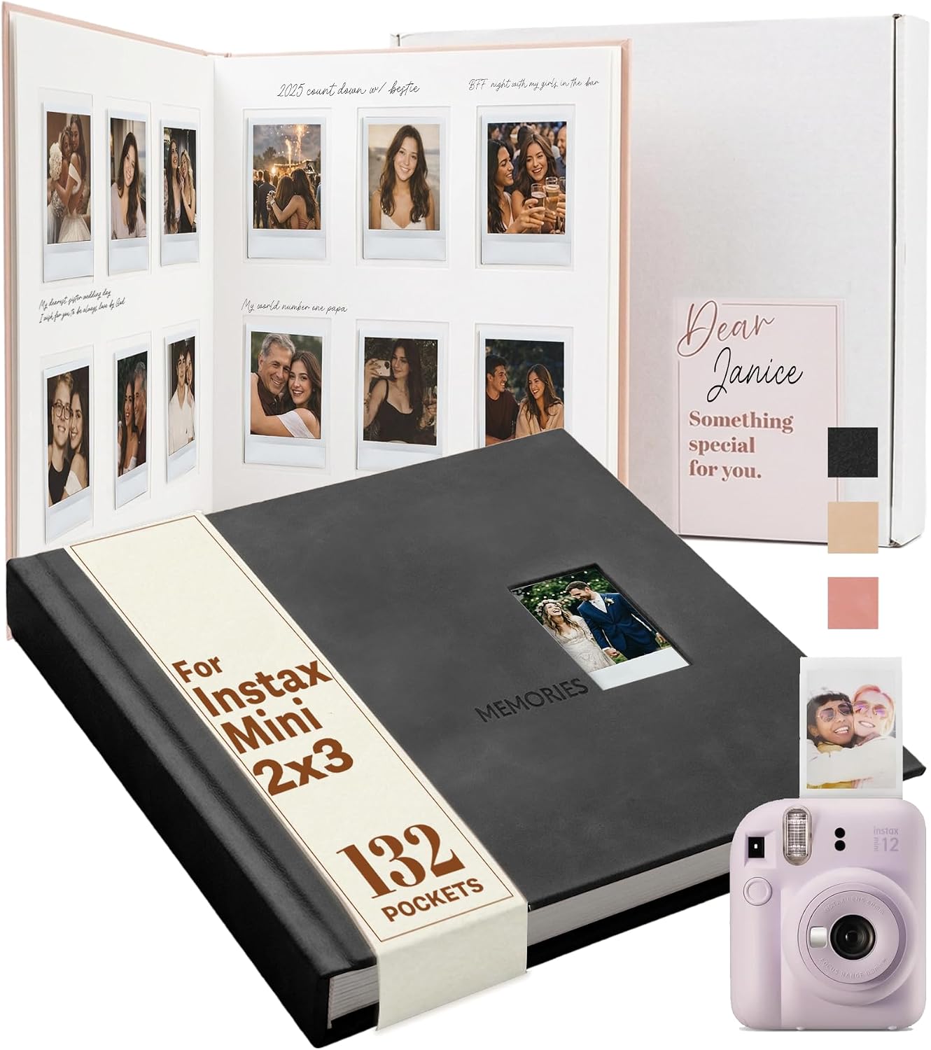 Black hardcover photo album for Instax Mini and Polaroid instant photos, shown closed and open with handwritten notes