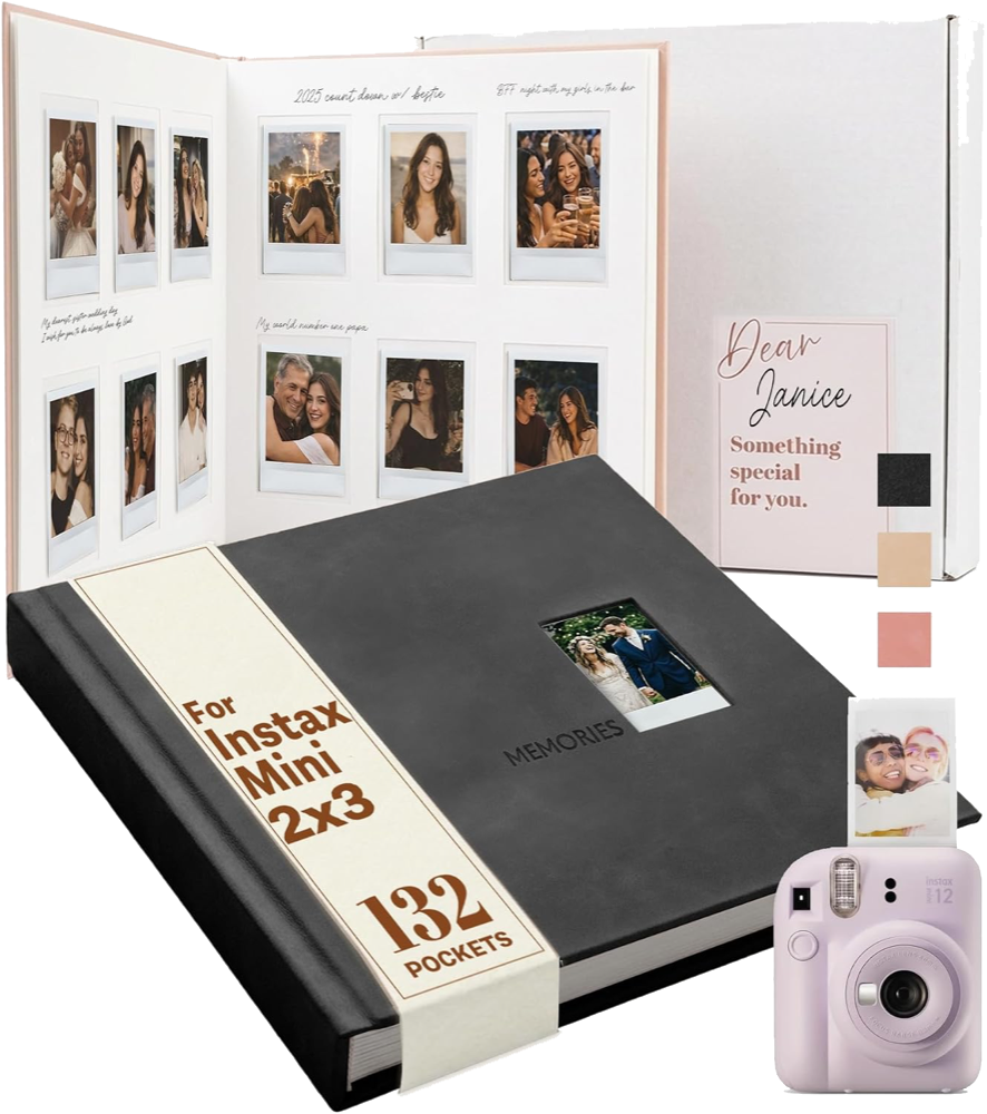 Black 132-pocket instant photo album for Instax Mini and 2x3 photos, shown closed and open with handwritten notes