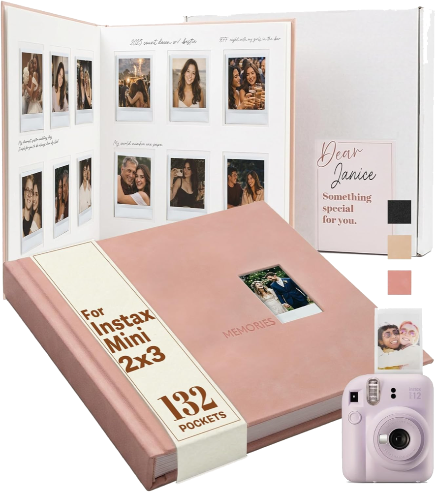 Pink 132-pocket instant photo album for Instax Mini and 2x3 photos, shown closed and open with handwritten notes