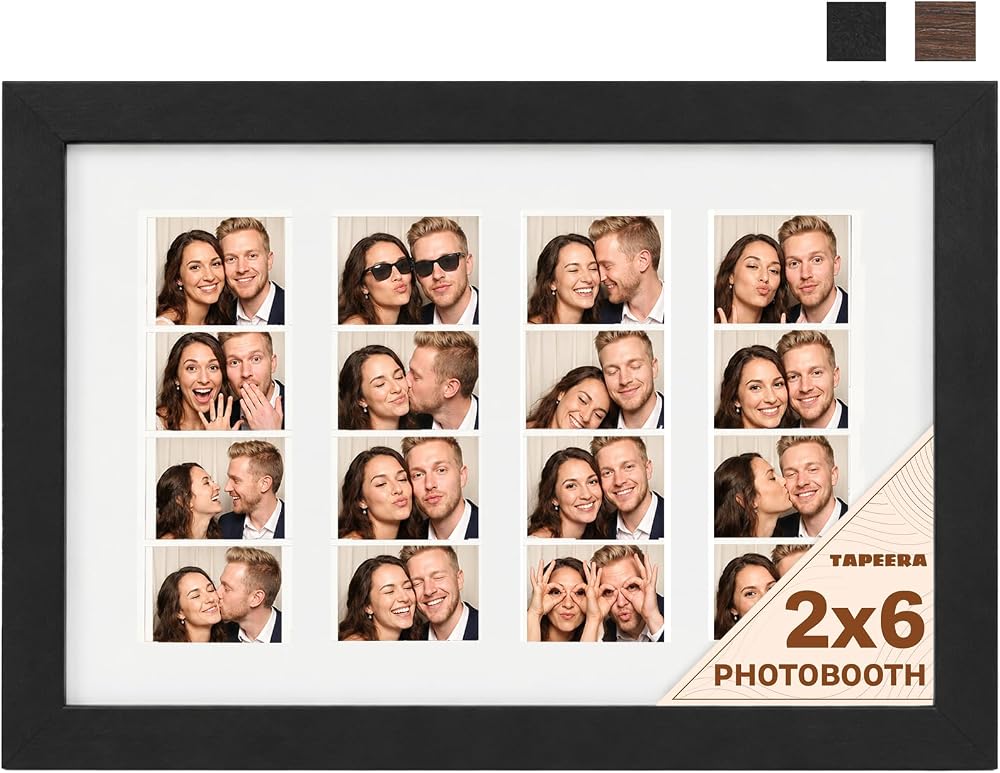 Black frame holding four 2x6 photo booth strips, from the Tapeera range that also frames Instax Mini and Polaroid photos