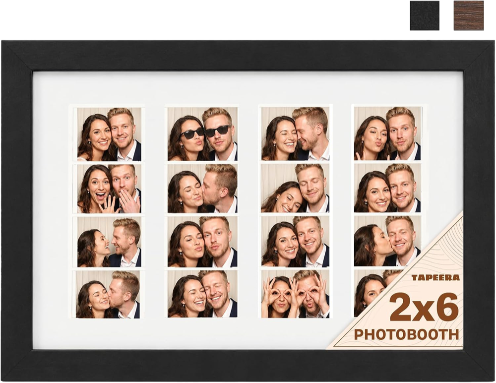 Black 2x6 photo booth strip frame holding four photo strips side by side behind a white mat