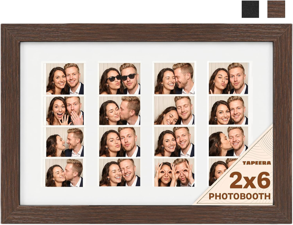 Dark wood 2x6 photo booth strip frame holding four photo strips side by side behind a white mat